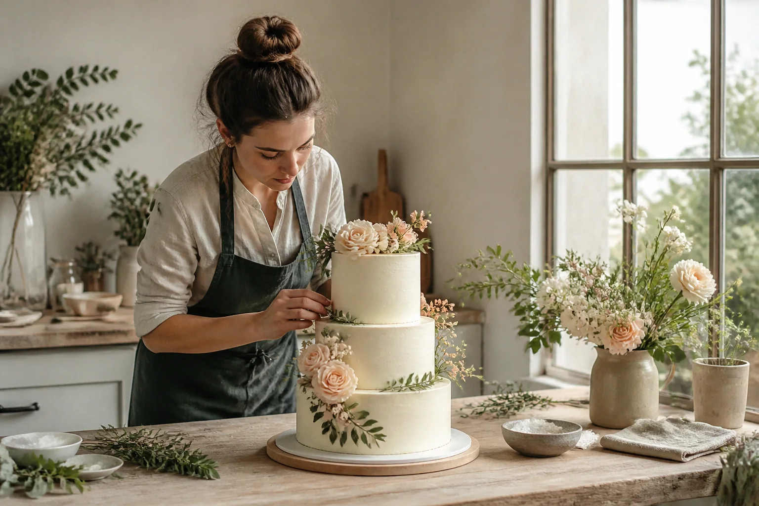 Gâteau de mariage préparé dans un atelier — illustration générée par IA