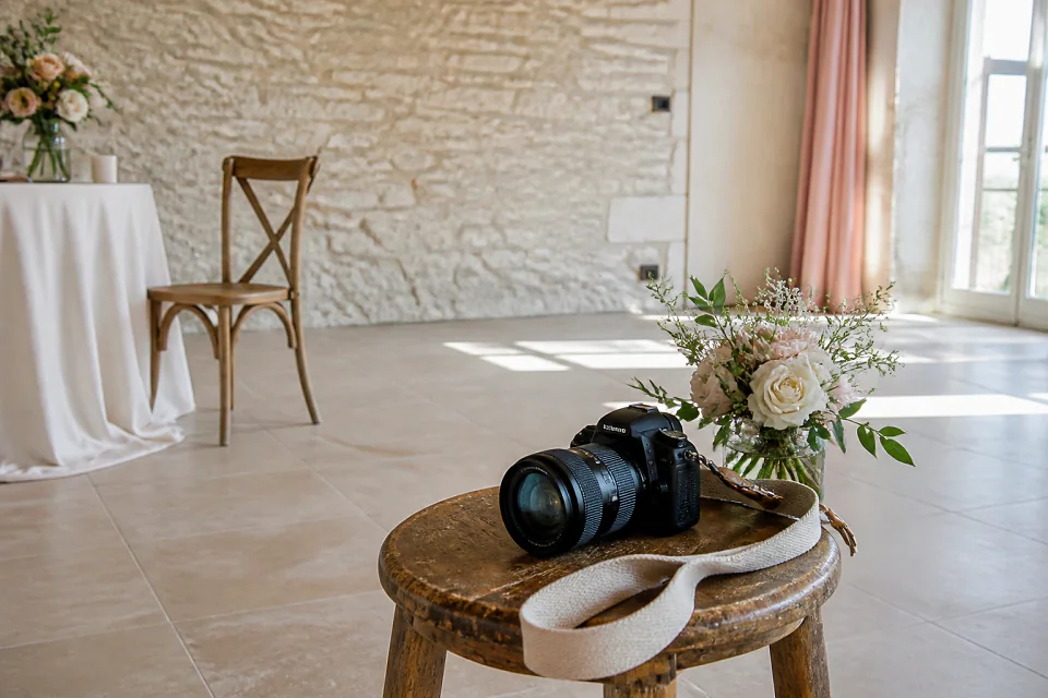 Appareil photo et accessoires de reportage de mariage — illustration générée par IA