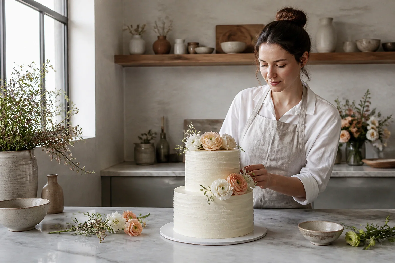Gâteau de mariage préparé dans un atelier — illustration générée par IA