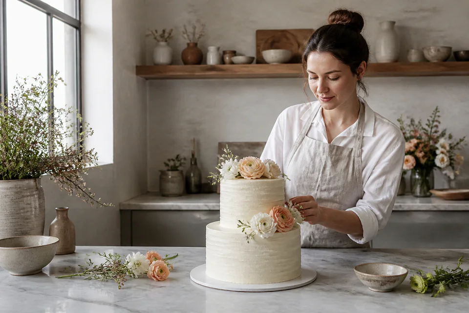 Gâteau de mariage préparé dans un atelier — illustration générée par IA