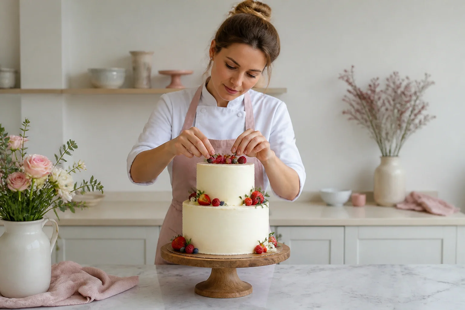 Gâteau de mariage préparé dans un atelier — illustration générée par IA