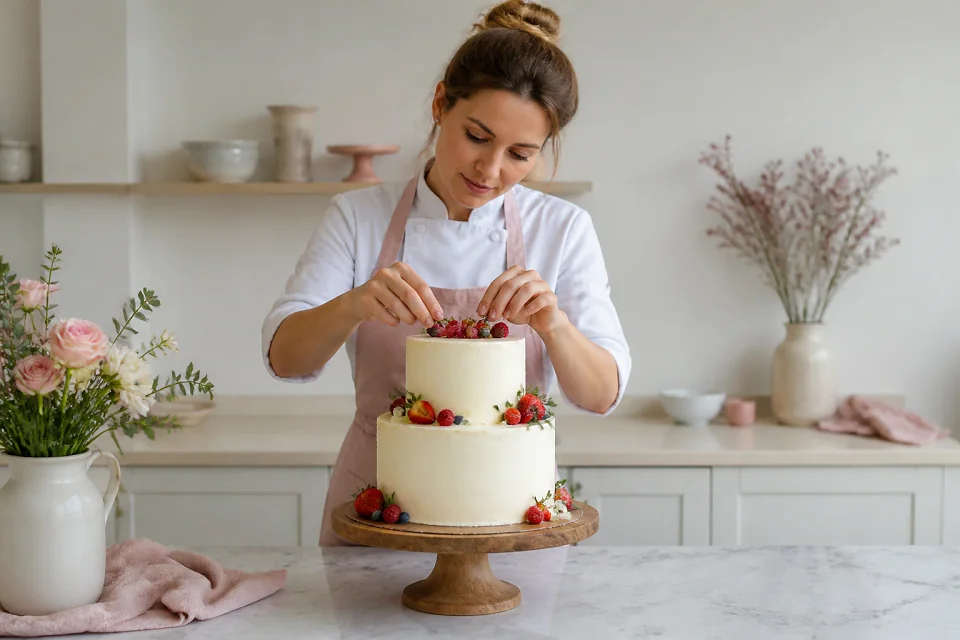 Gâteau de mariage préparé dans un atelier — illustration générée par IA