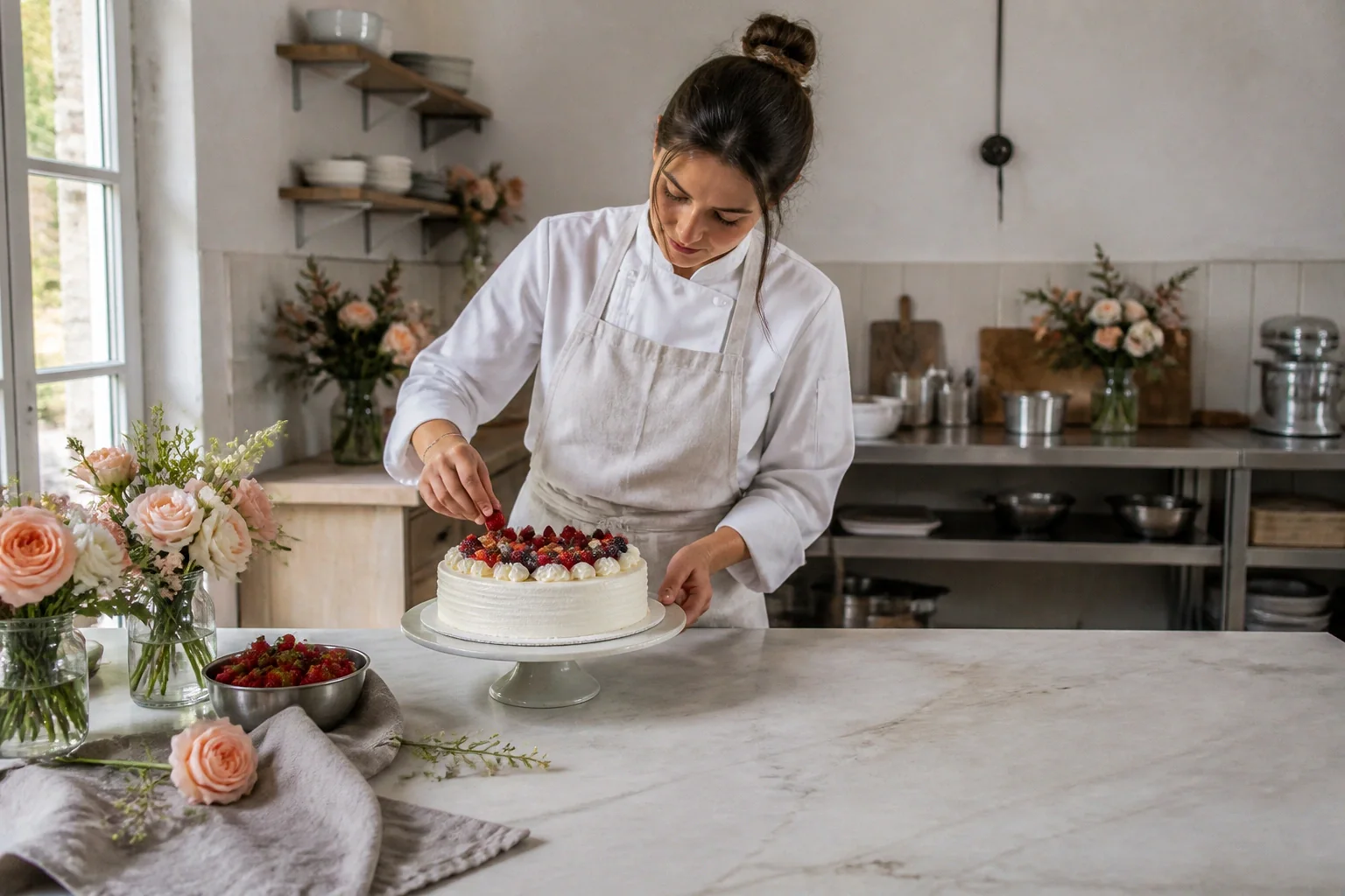 Gâteau de mariage préparé dans un atelier — illustration générée par IA