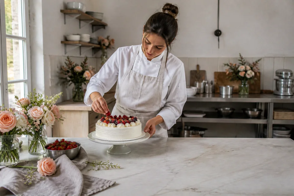 Gâteau de mariage préparé dans un atelier — illustration générée par IA