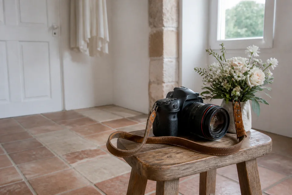Appareil photo et accessoires de reportage de mariage — illustration générée par IA