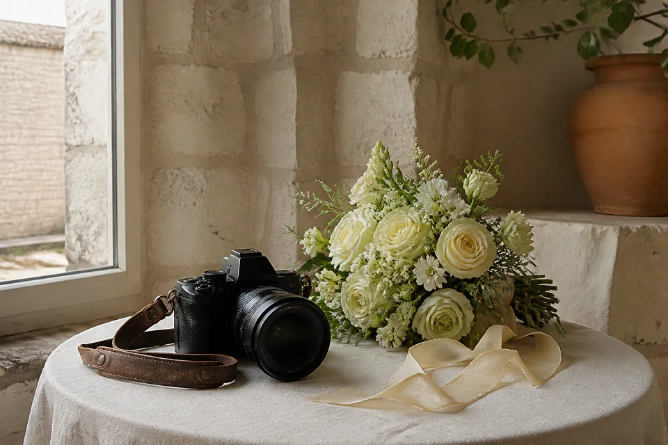 Appareil photo et accessoires de reportage de mariage — illustration générée par IA