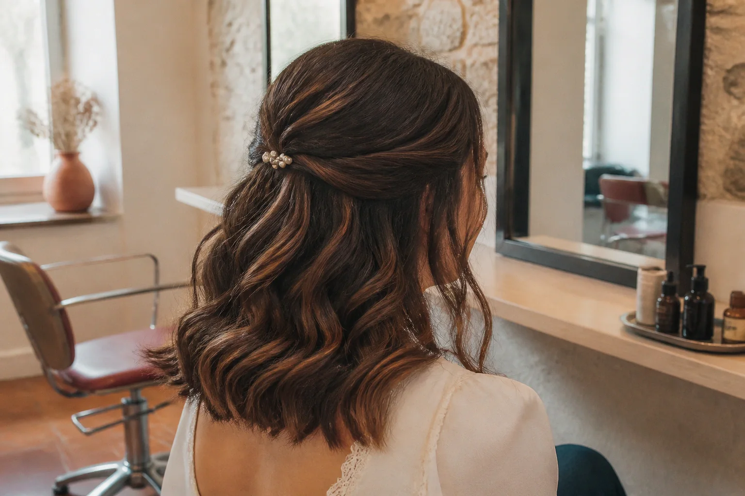 Coiffure de cérémonie vue pendant la préparation — illustration générée par IA
