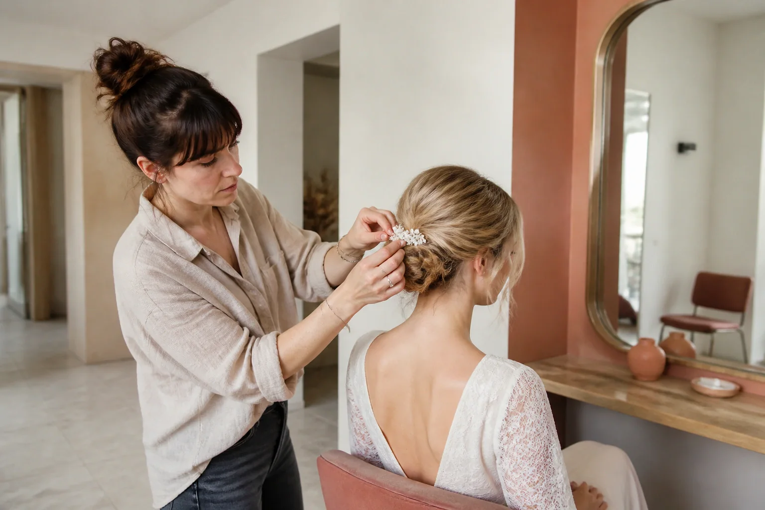 Coiffure de cérémonie vue pendant la préparation — illustration générée par IA