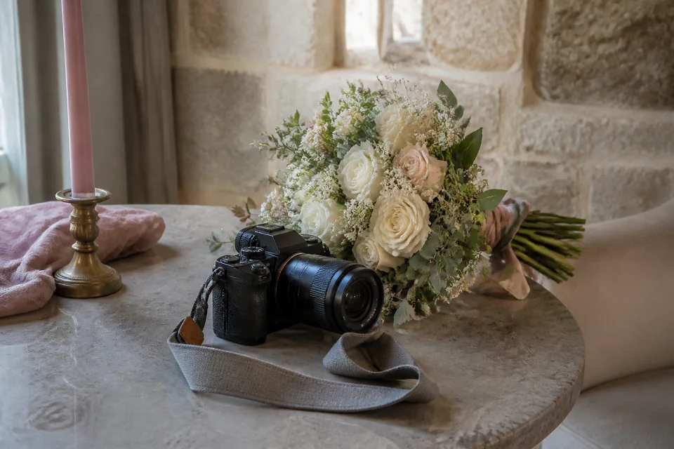 Appareil photo et accessoires de reportage de mariage — illustration générée par IA