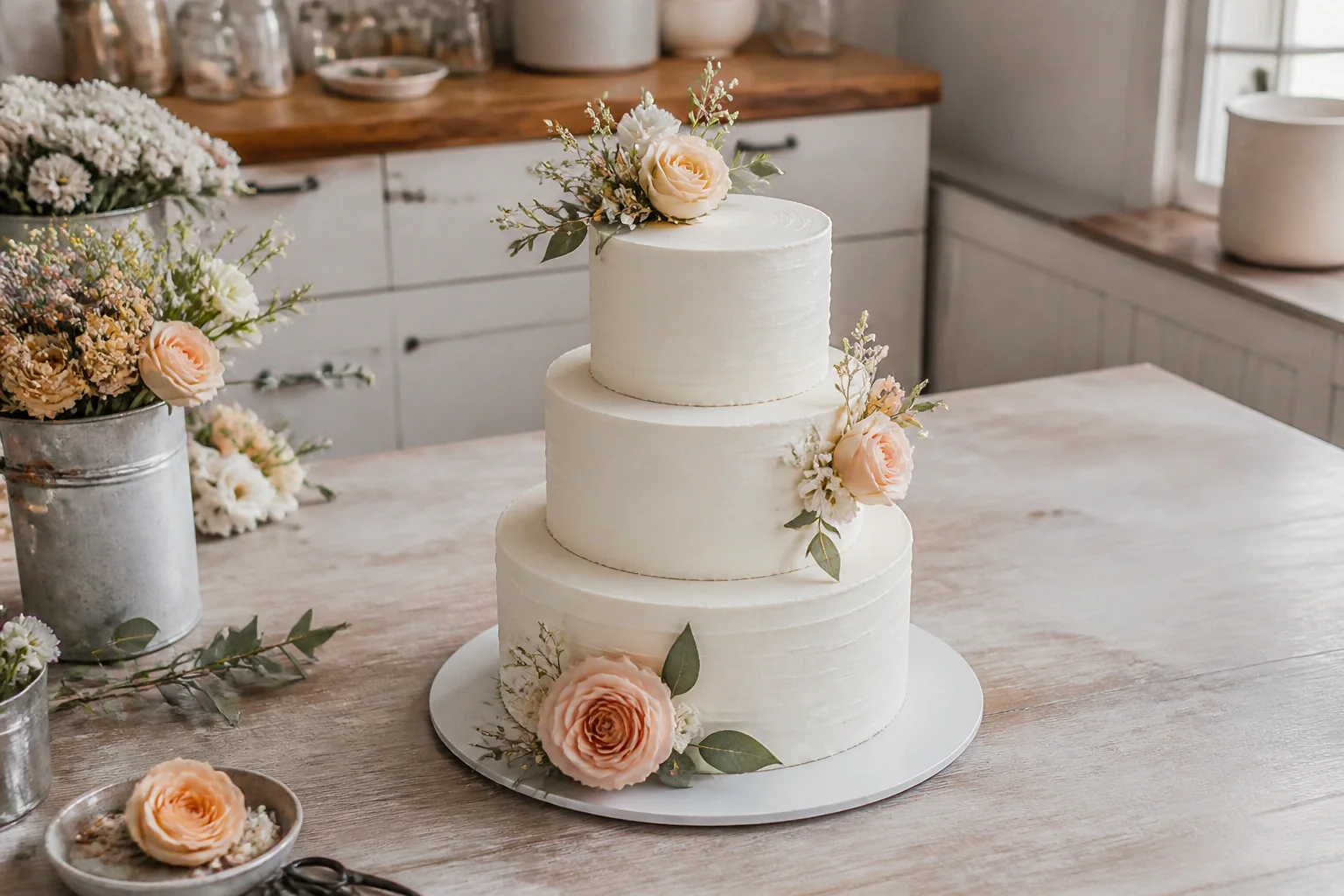 Gâteau de mariage préparé dans un atelier — illustration générée par IA