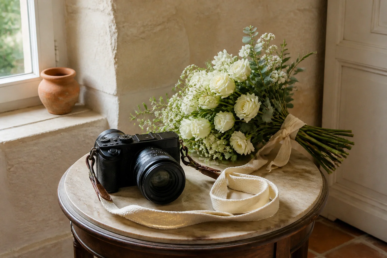 Appareil photo et accessoires de reportage de mariage — illustration générée par IA