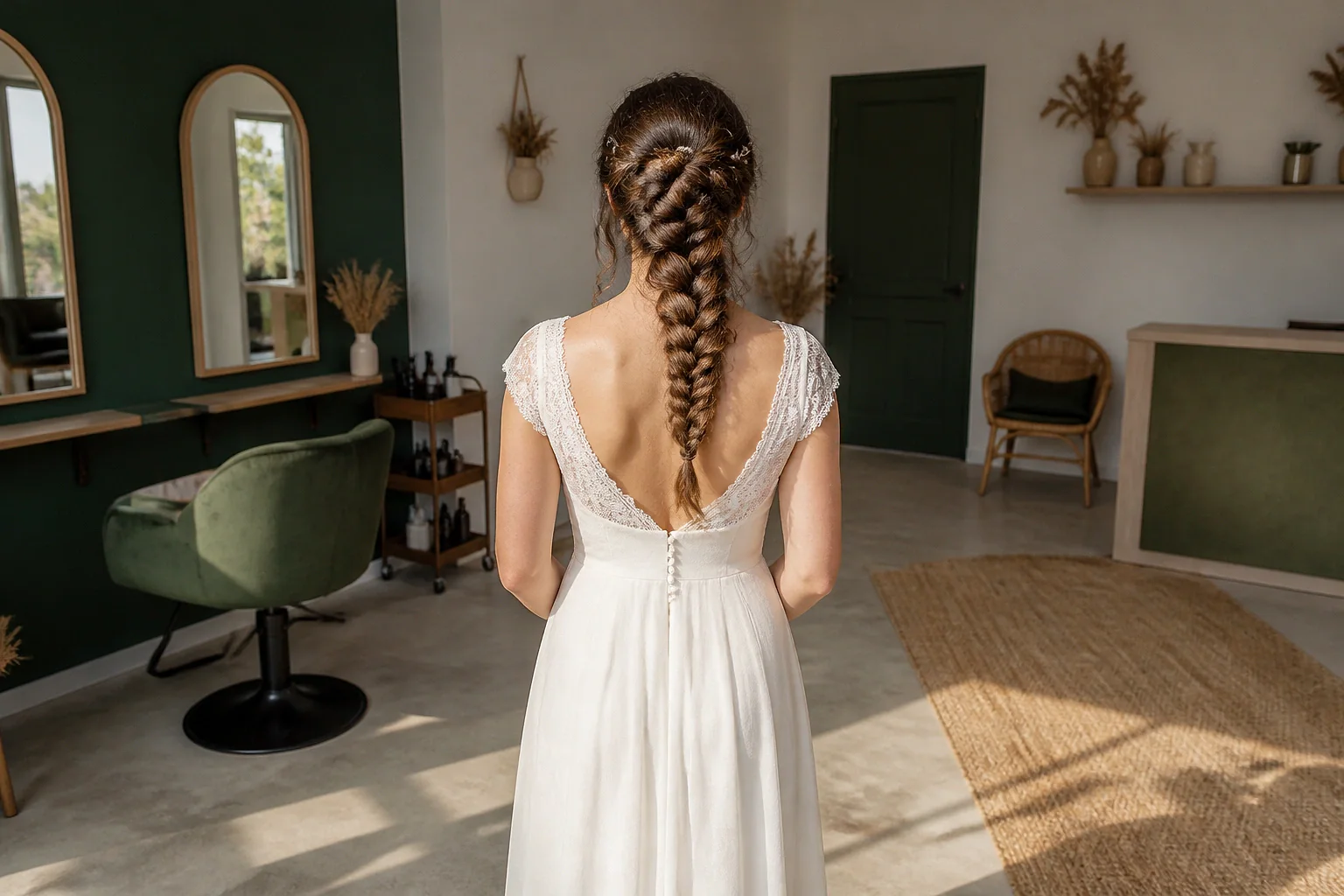 Coiffure de cérémonie vue pendant la préparation — illustration générée par IA