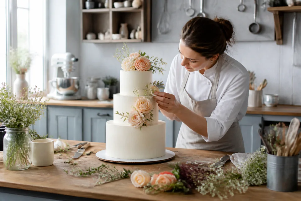 Gâteau de mariage préparé dans un atelier — illustration générée par IA