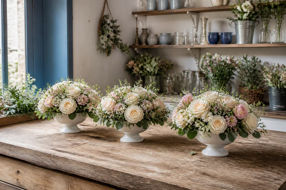 Préparation florale pour un mariage — illustration générée par IA