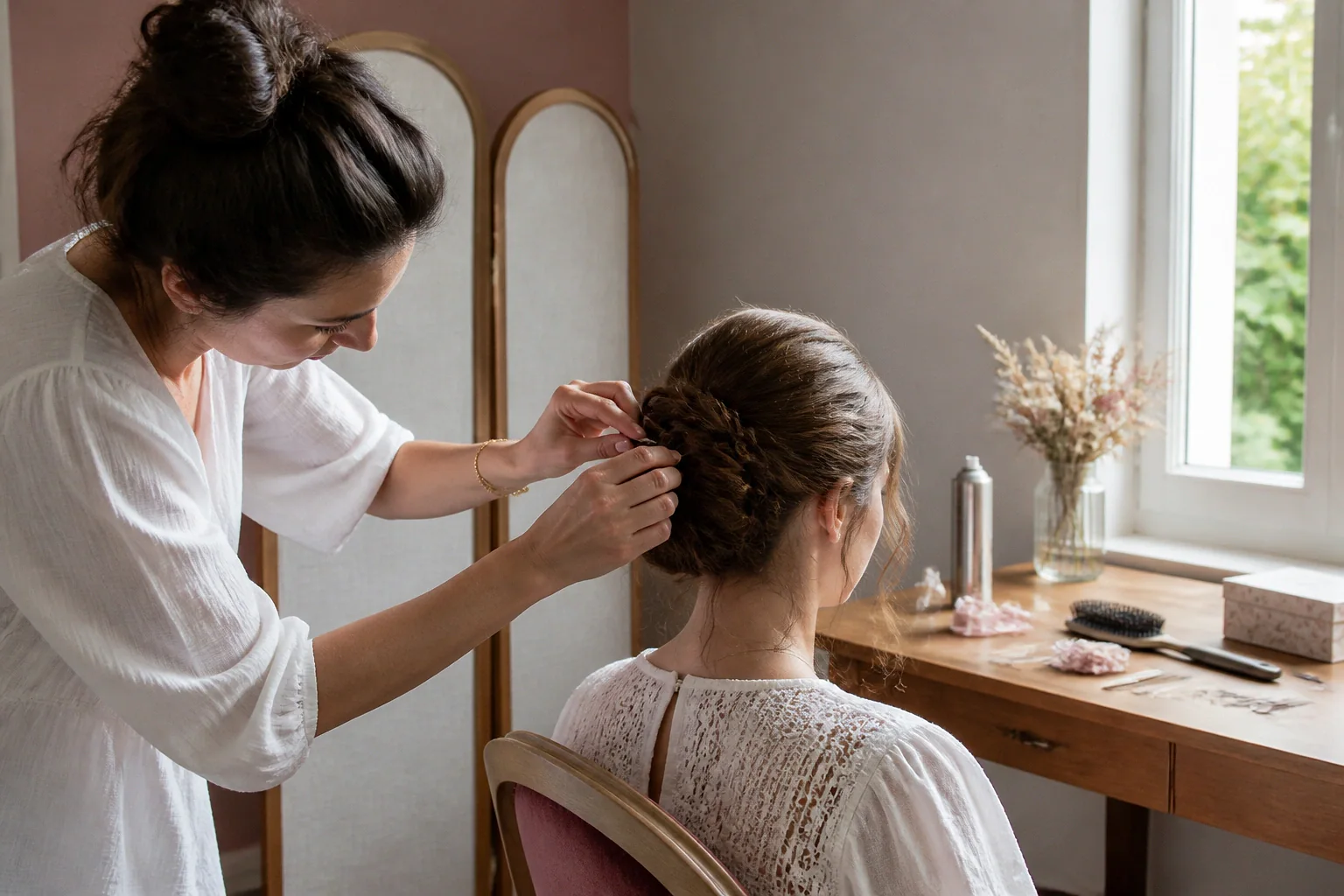 Coiffure de cérémonie vue pendant la préparation — illustration générée par IA