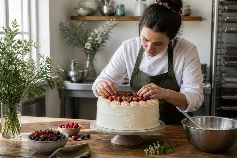 Gâteau de mariage préparé dans un atelier — illustration générée par IA
