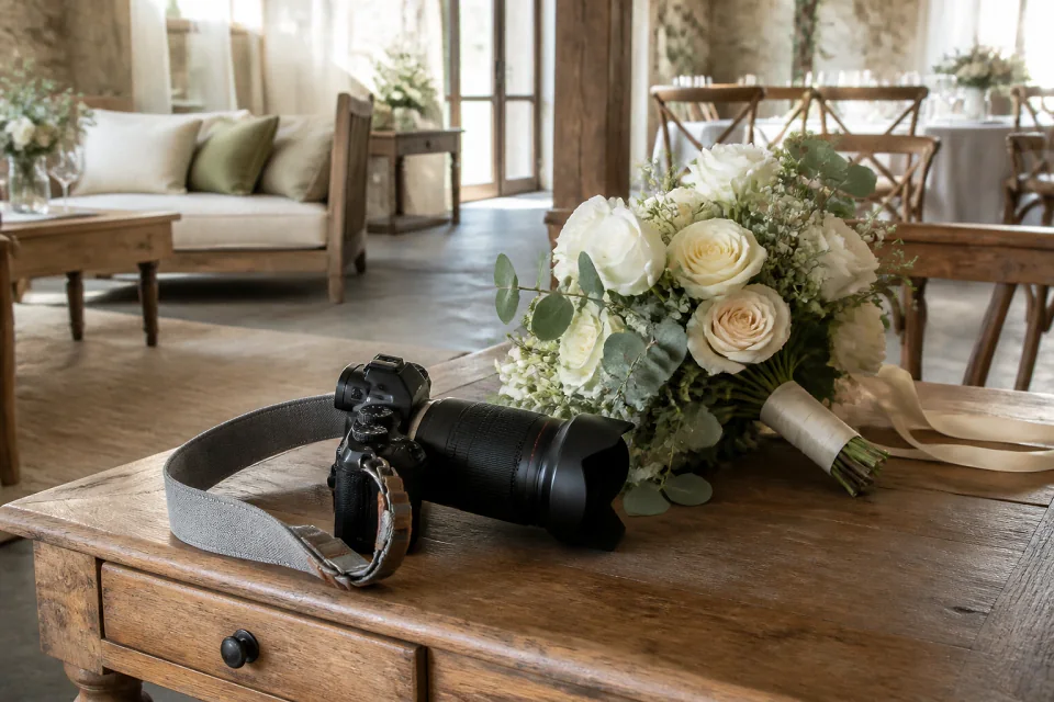 Appareil photo et accessoires de reportage de mariage — illustration générée par IA