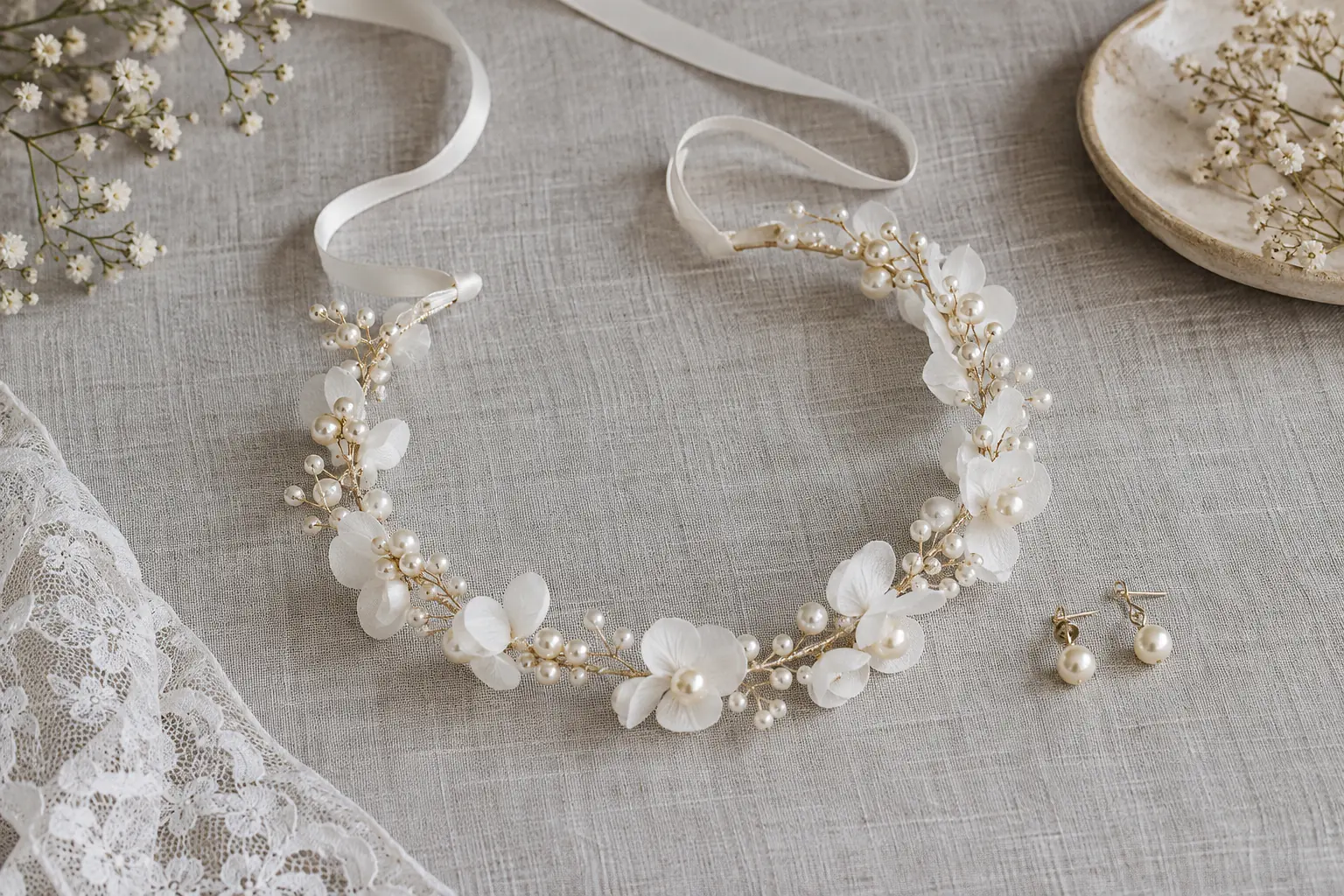 Serre-tête de mariée à perles et pétales sur du lin — illustration générée par IA