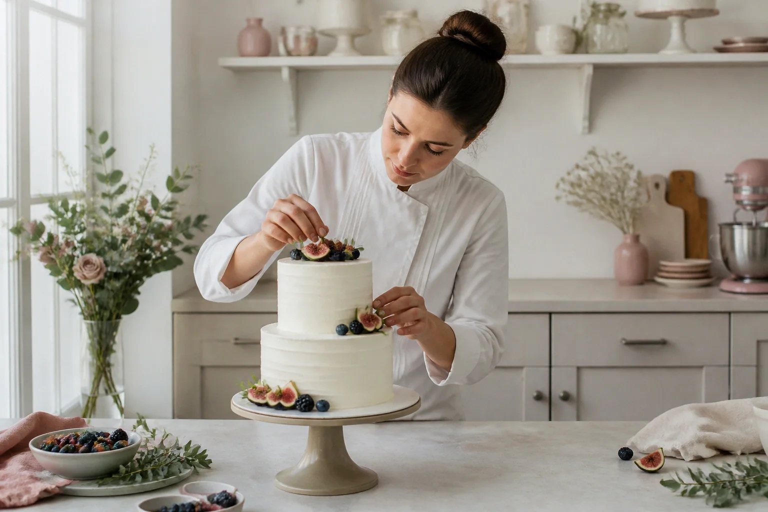 Gâteau de mariage préparé dans un atelier — illustration générée par IA