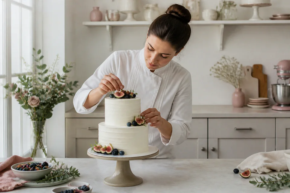 Gâteau de mariage préparé dans un atelier — illustration générée par IA