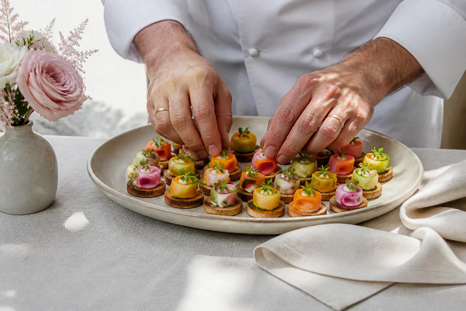 Préparations salées pour un cocktail de mariage — illustration générée par IA