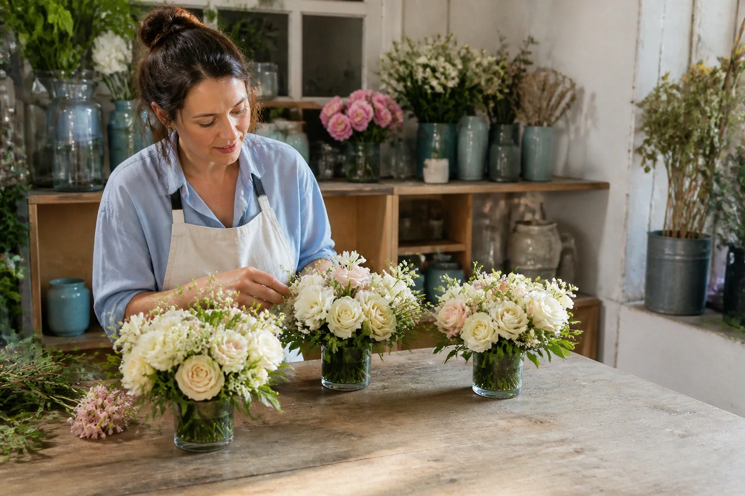 Préparation florale pour un mariage — illustration générée par IA