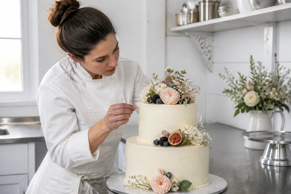 Gâteau de mariage préparé dans un atelier — illustration générée par IA