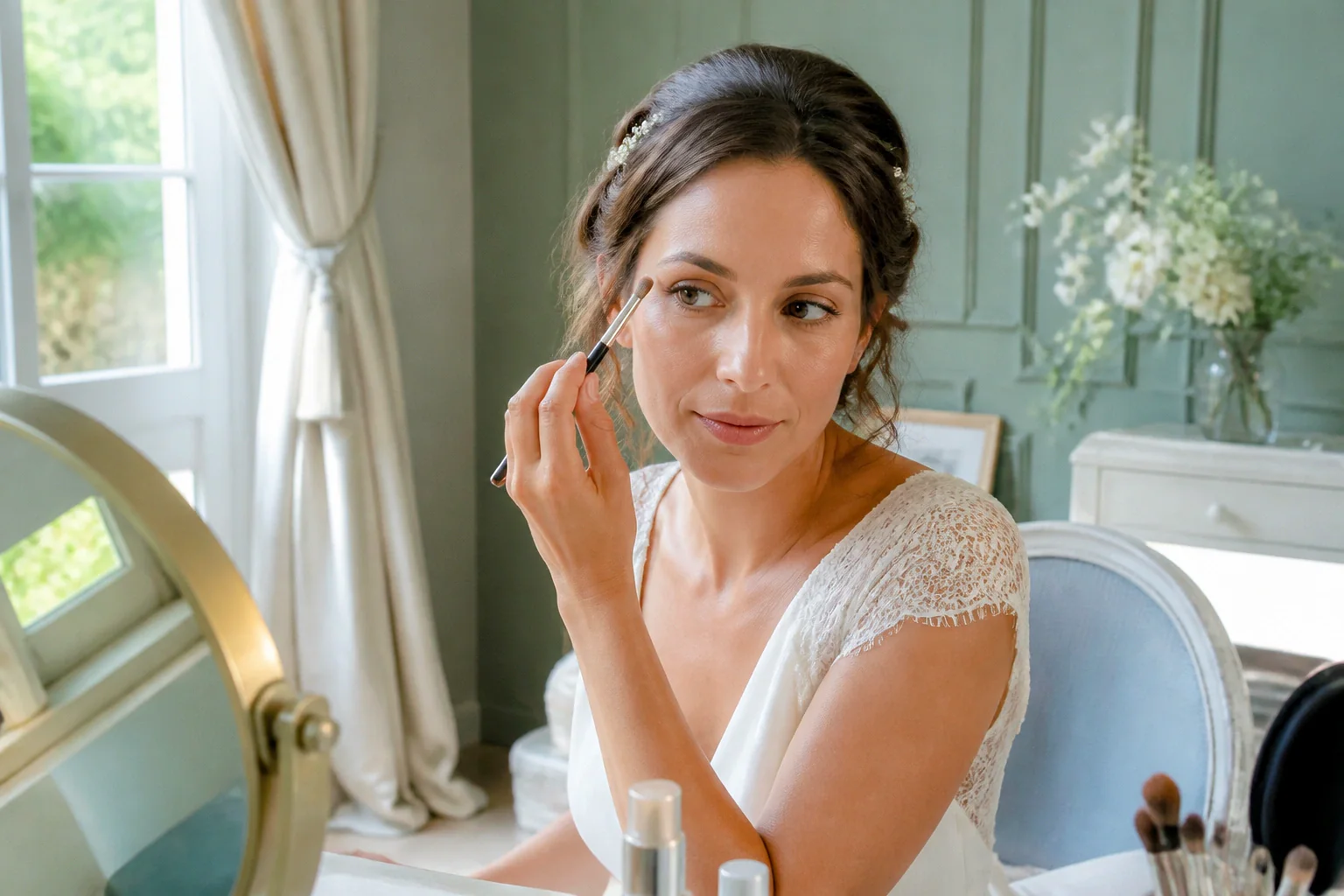 Préparation d’un maquillage de mariage — illustration générée par IA