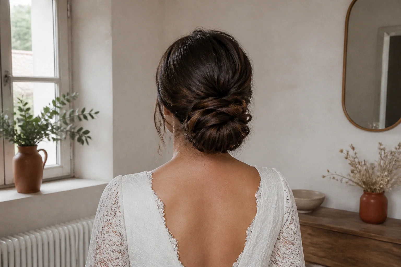 Coiffure de cérémonie vue pendant la préparation — illustration générée par IA
