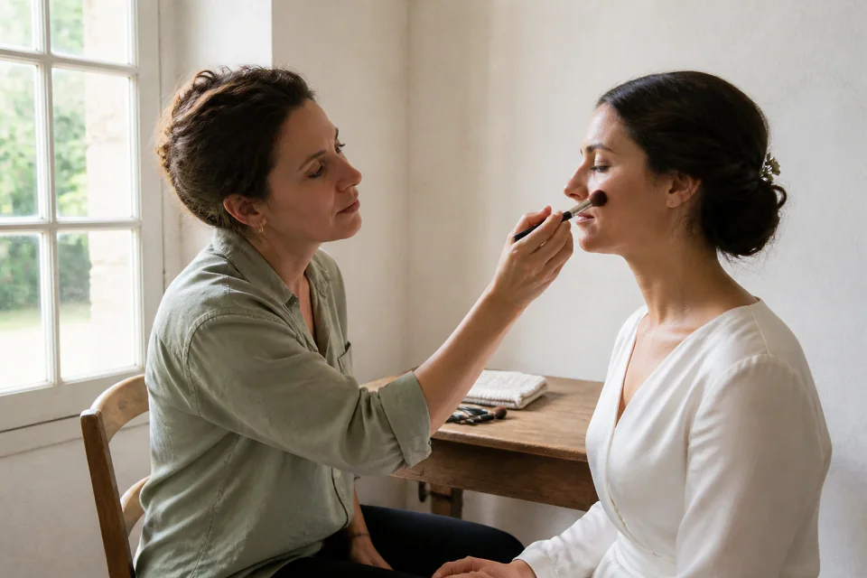 Préparation d’un maquillage de mariage — illustration générée par IA