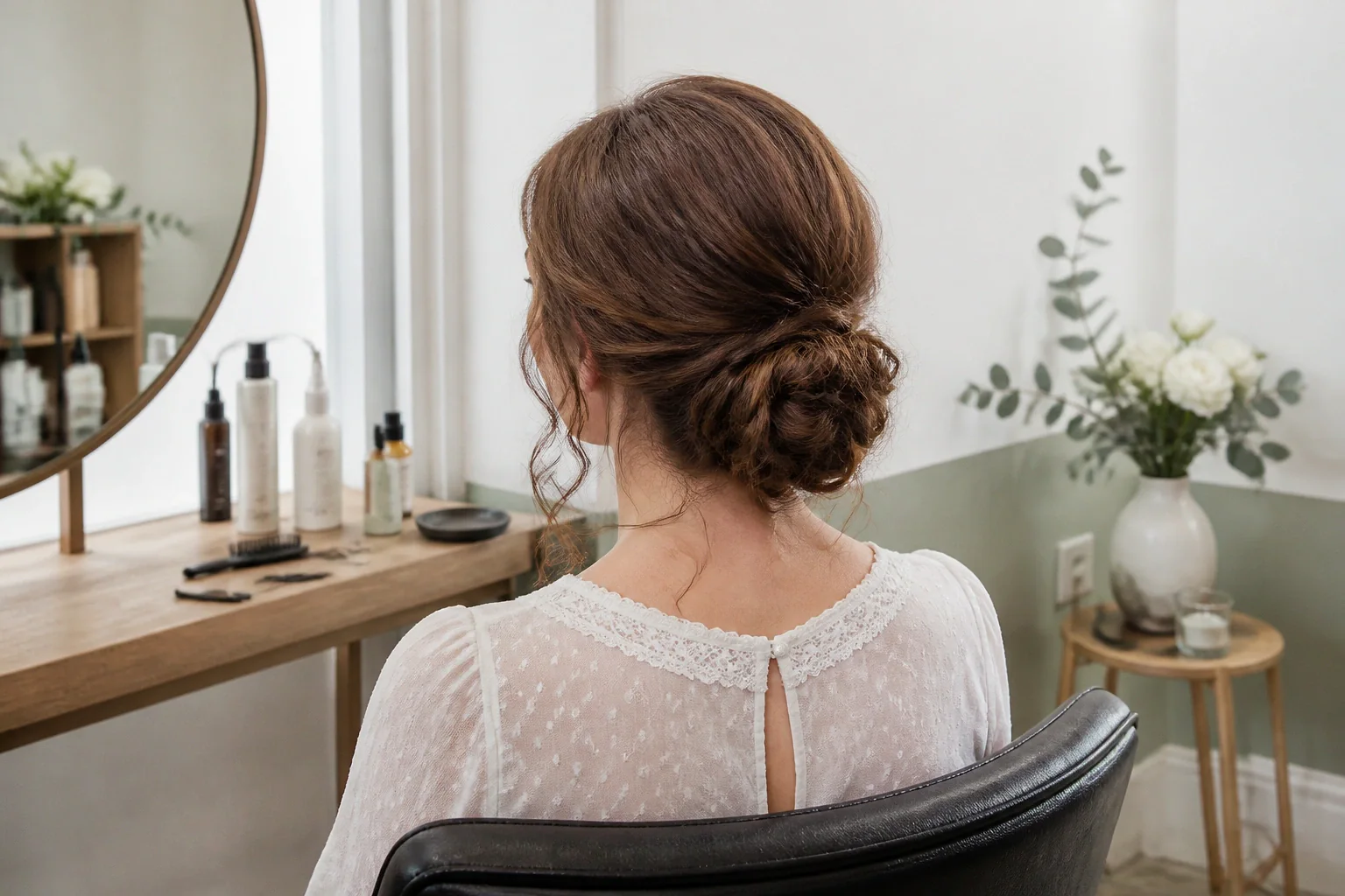 Coiffure de cérémonie vue pendant la préparation — illustration générée par IA