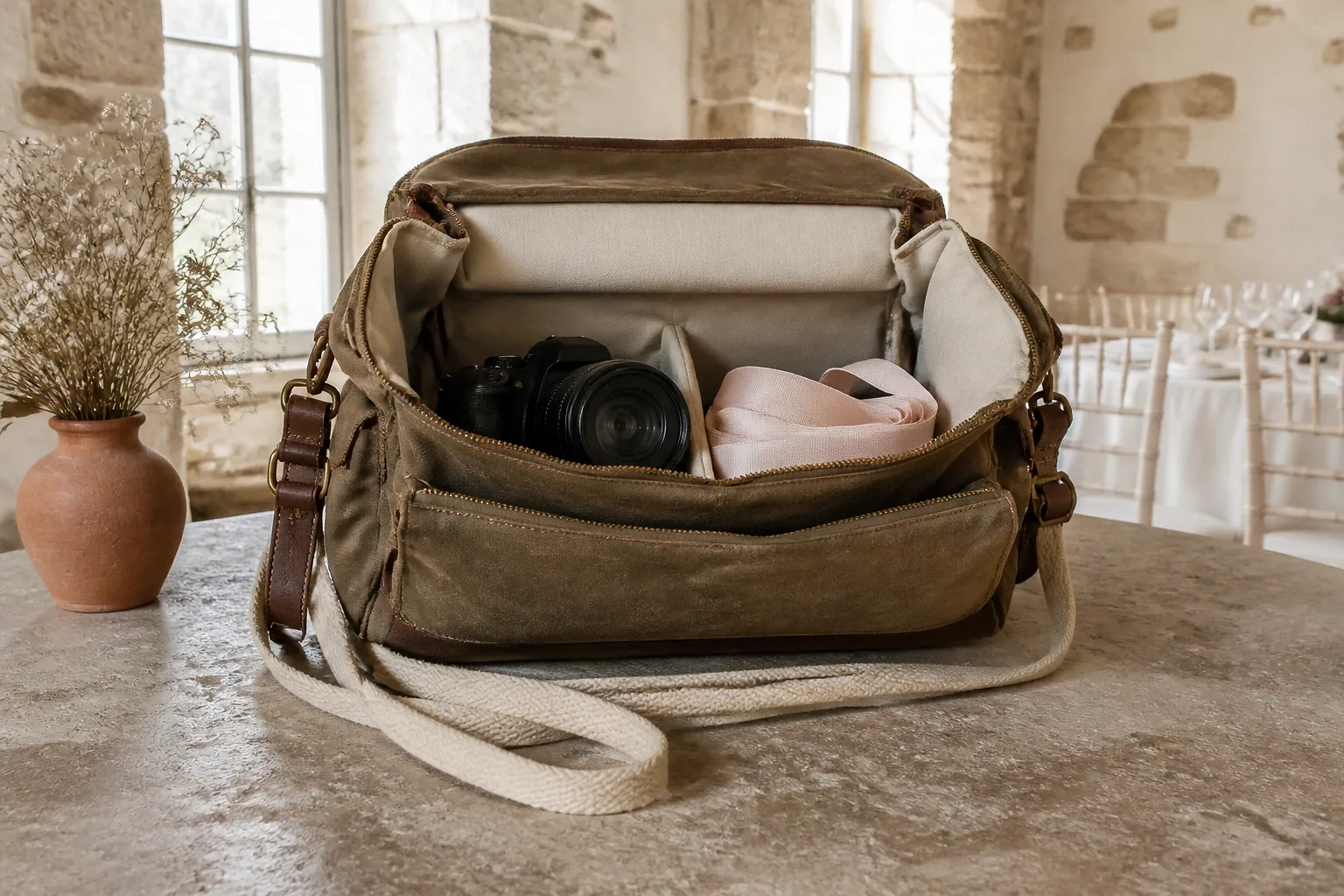 Appareil photo et accessoires de reportage de mariage — illustration générée par IA