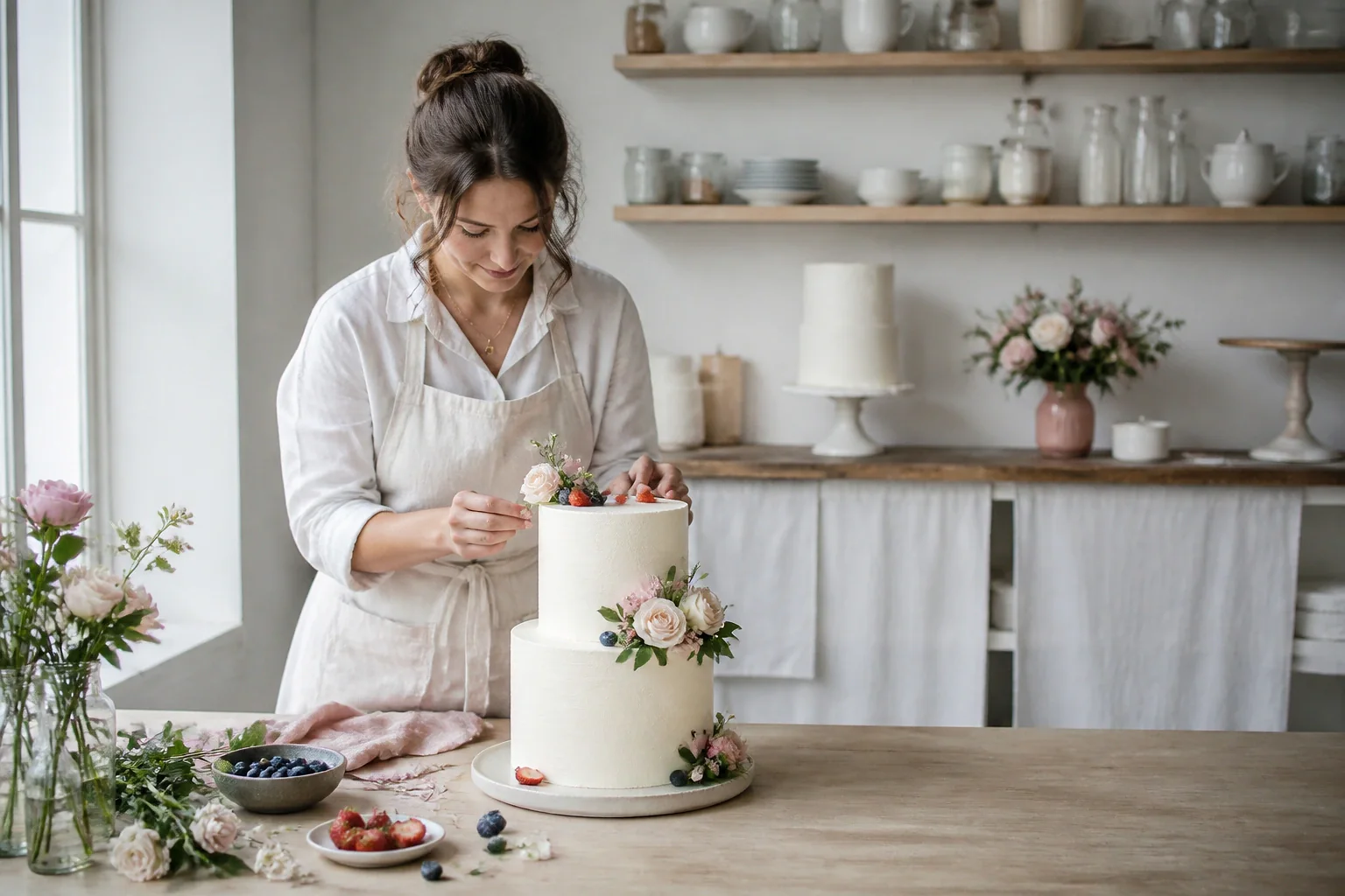 Gâteau de mariage préparé dans un atelier — illustration générée par IA