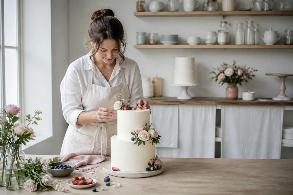 Gâteau de mariage préparé dans un atelier — illustration générée par IA
