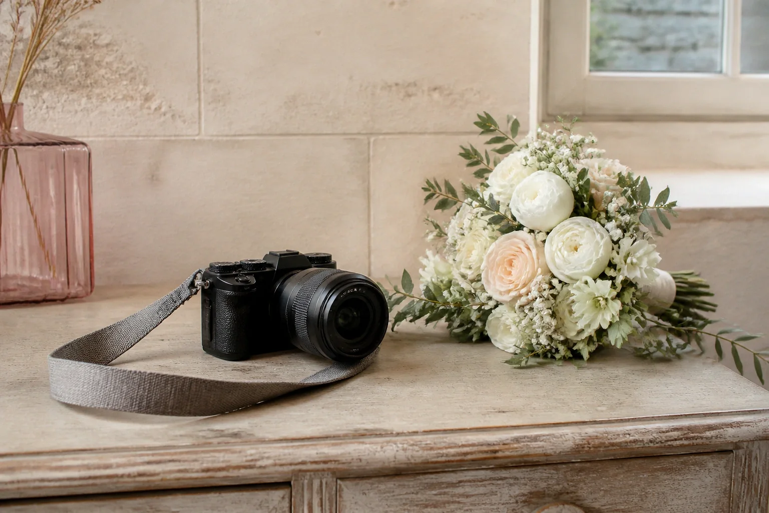 Appareil photo et accessoires de reportage de mariage — illustration générée par IA