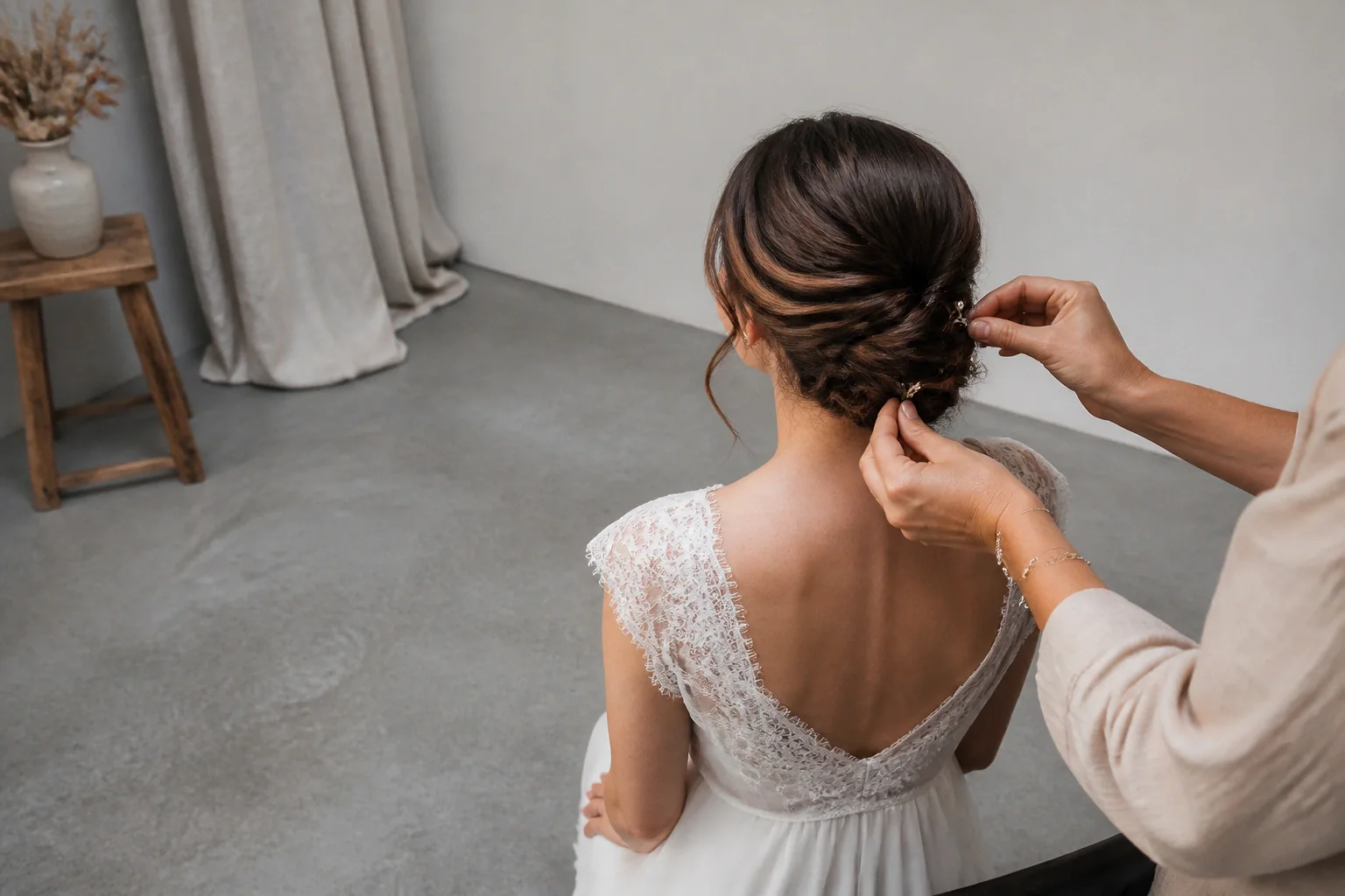 Coiffure de cérémonie vue pendant la préparation — illustration générée par IA