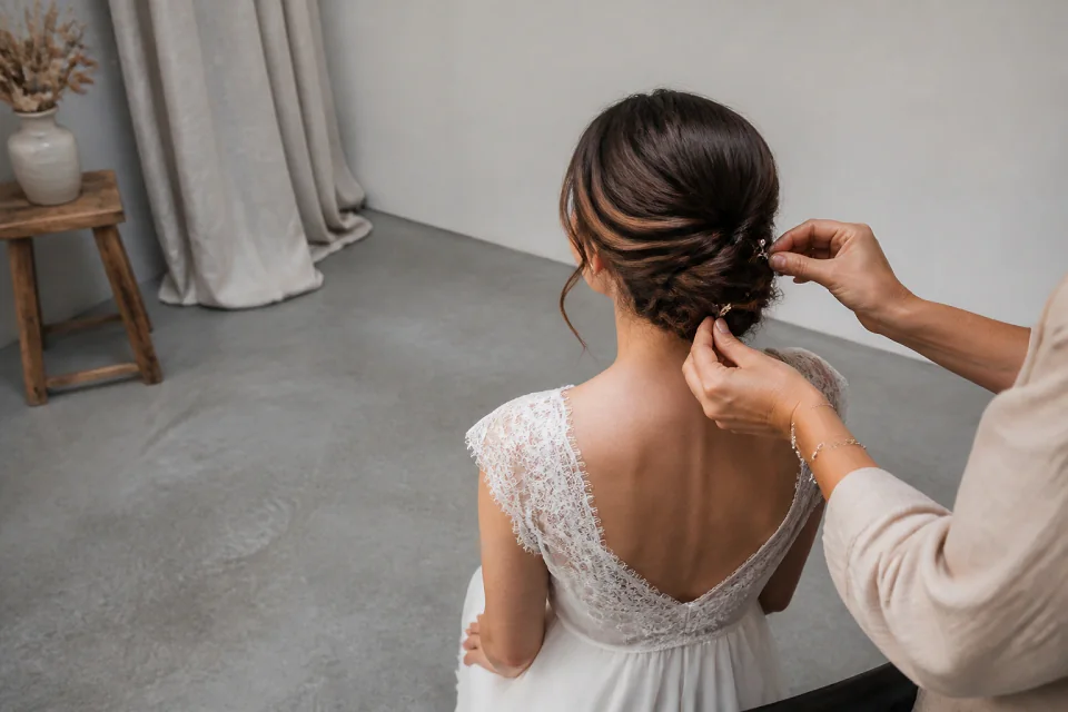 Coiffure de cérémonie vue pendant la préparation — illustration générée par IA