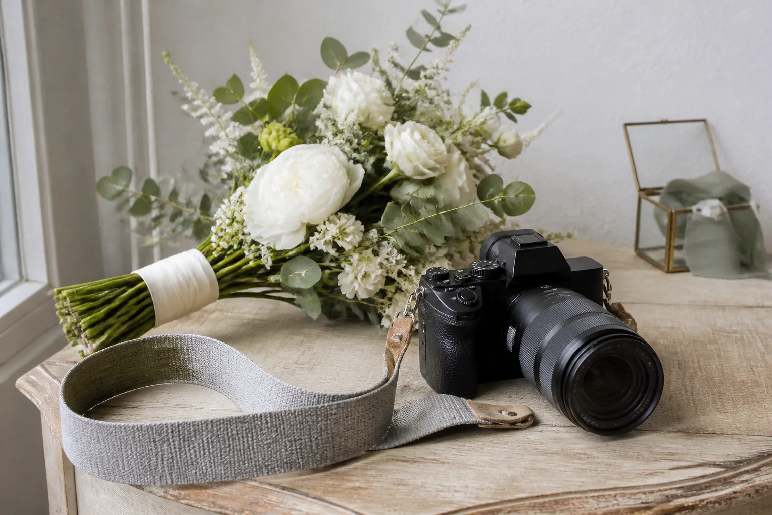 Appareil photo et accessoires de reportage de mariage — illustration générée par IA
