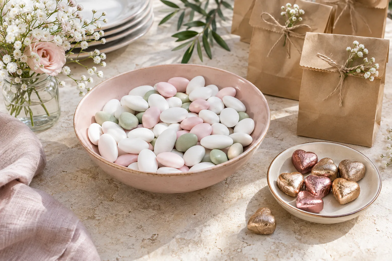 Dragées aux tons pastel et petits cœurs en chocolat — illustration générée par IA