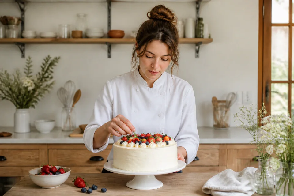 Gâteau de mariage préparé dans un atelier — illustration générée par IA