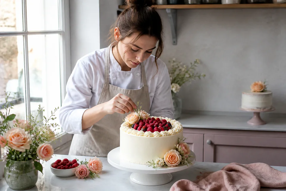 Gâteau de mariage préparé dans un atelier — illustration générée par IA