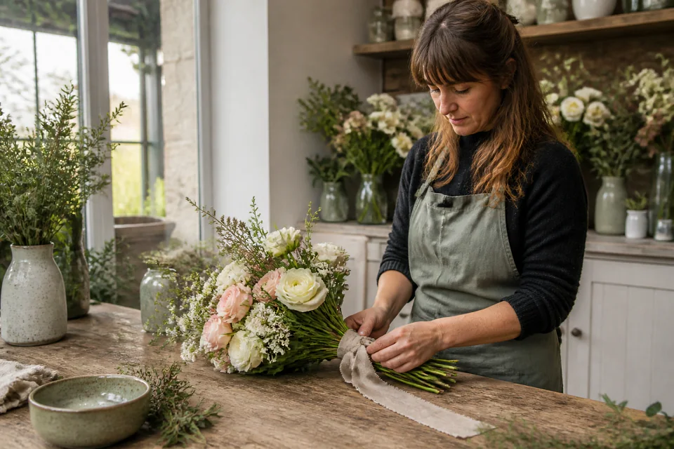 Préparation florale pour un mariage — illustration générée par IA