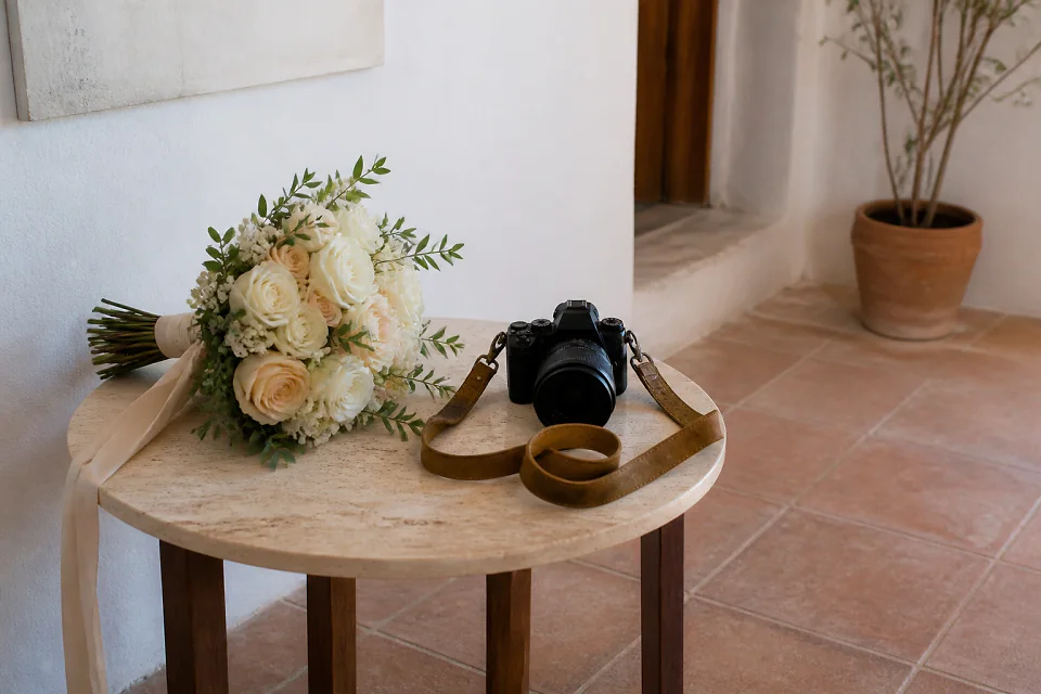 Appareil photo et accessoires de reportage de mariage — illustration générée par IA