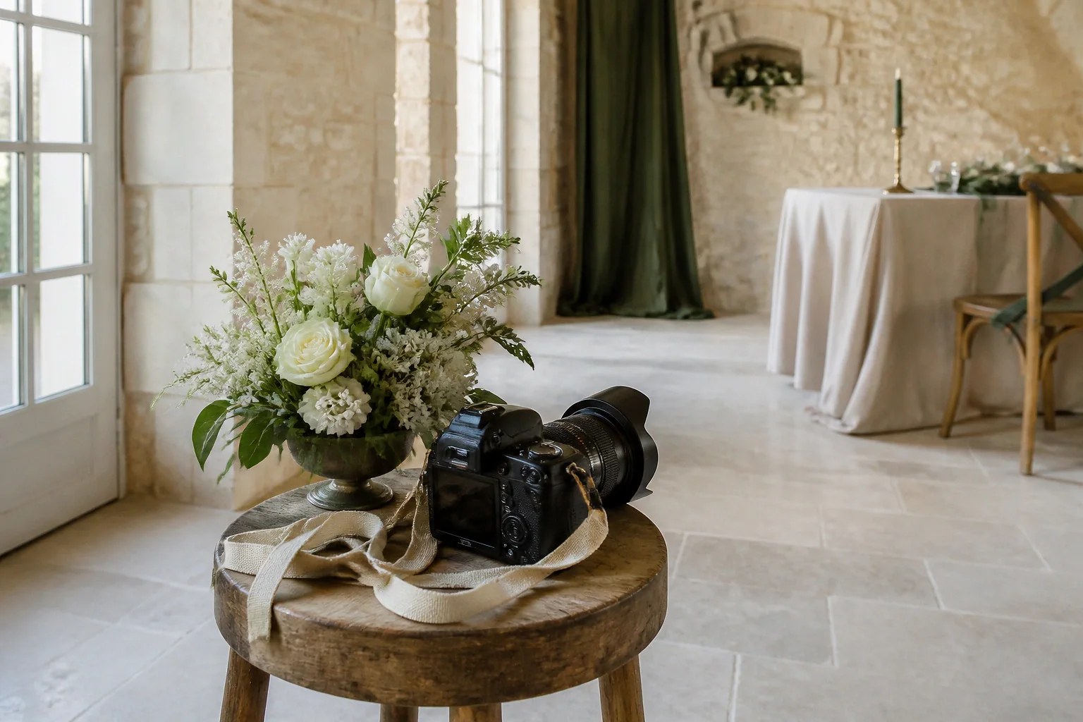 Appareil photo et accessoires de reportage de mariage — illustration générée par IA