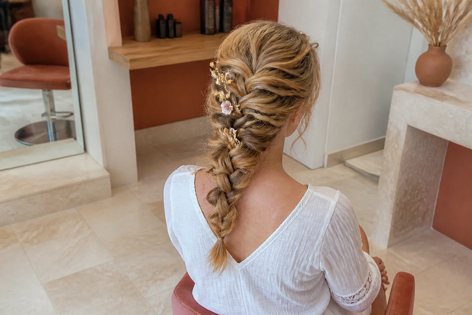 Coiffure de cérémonie vue pendant la préparation — illustration générée par IA