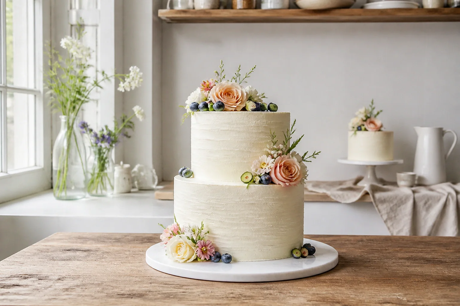 Gâteau de mariage préparé dans un atelier — illustration générée par IA