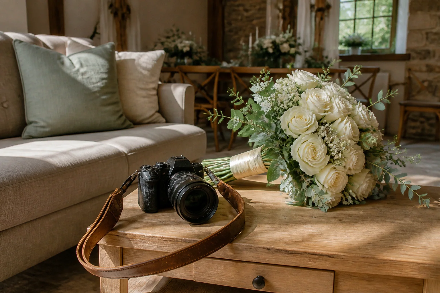 Appareil photo et accessoires de reportage de mariage — illustration générée par IA