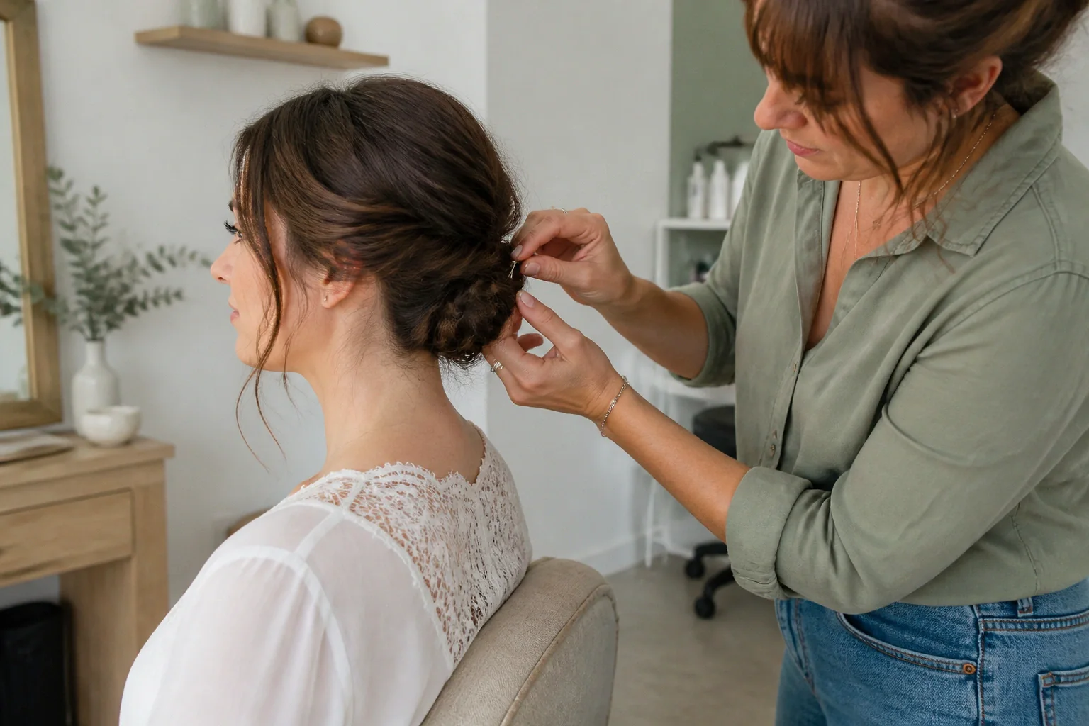 Coiffure de cérémonie vue pendant la préparation — illustration générée par IA