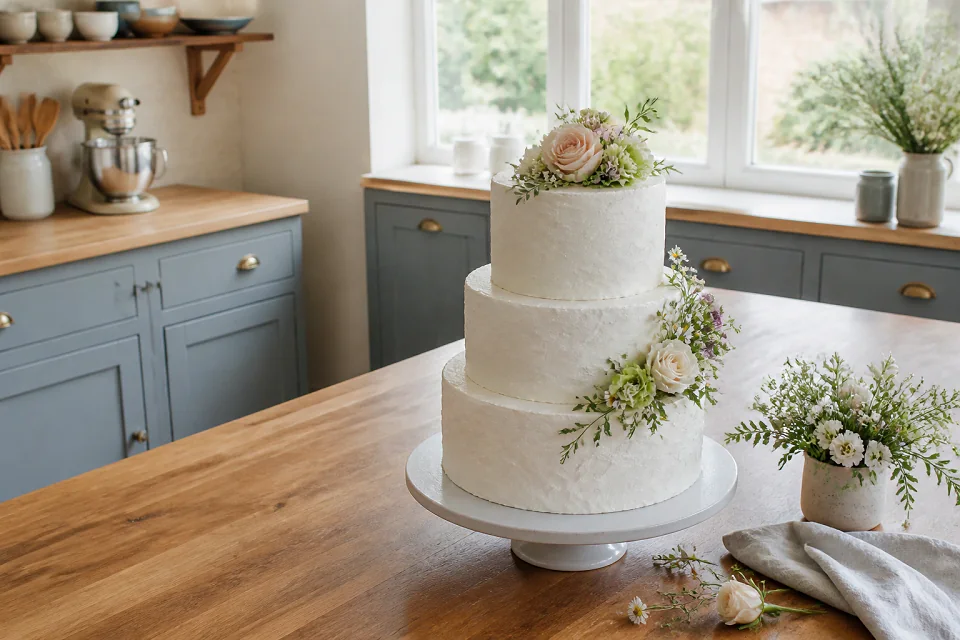 Gâteau de mariage préparé dans un atelier — illustration générée par IA