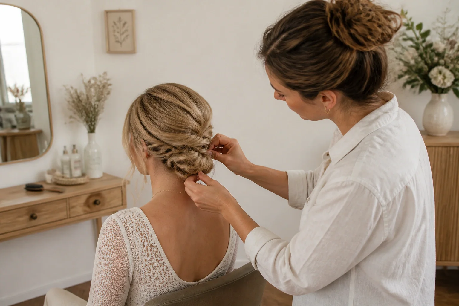 Coiffure de cérémonie vue pendant la préparation — illustration générée par IA